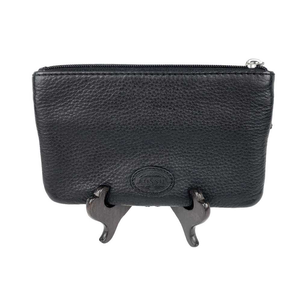 Fossil Leather Wallet Black Pebbled Zip Pockets LKNU